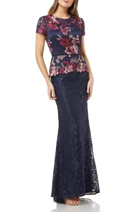 JS Collections Crew Neck Short Sleeve Popover Zipper Back Floral Embroidered Mesh Dress