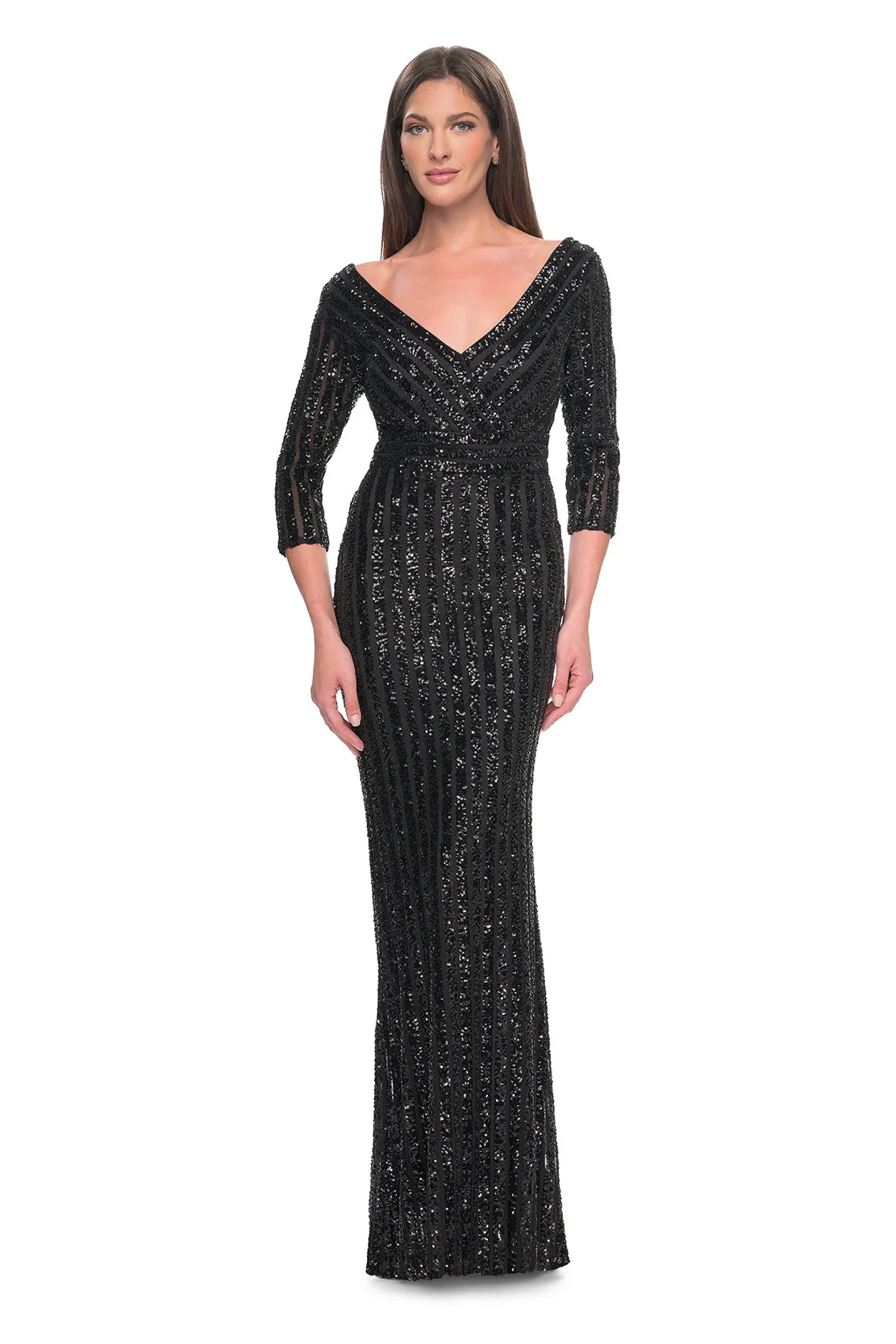 La Femme - 31681 - Elegant Sequin V-Neck Dress with Sleeves