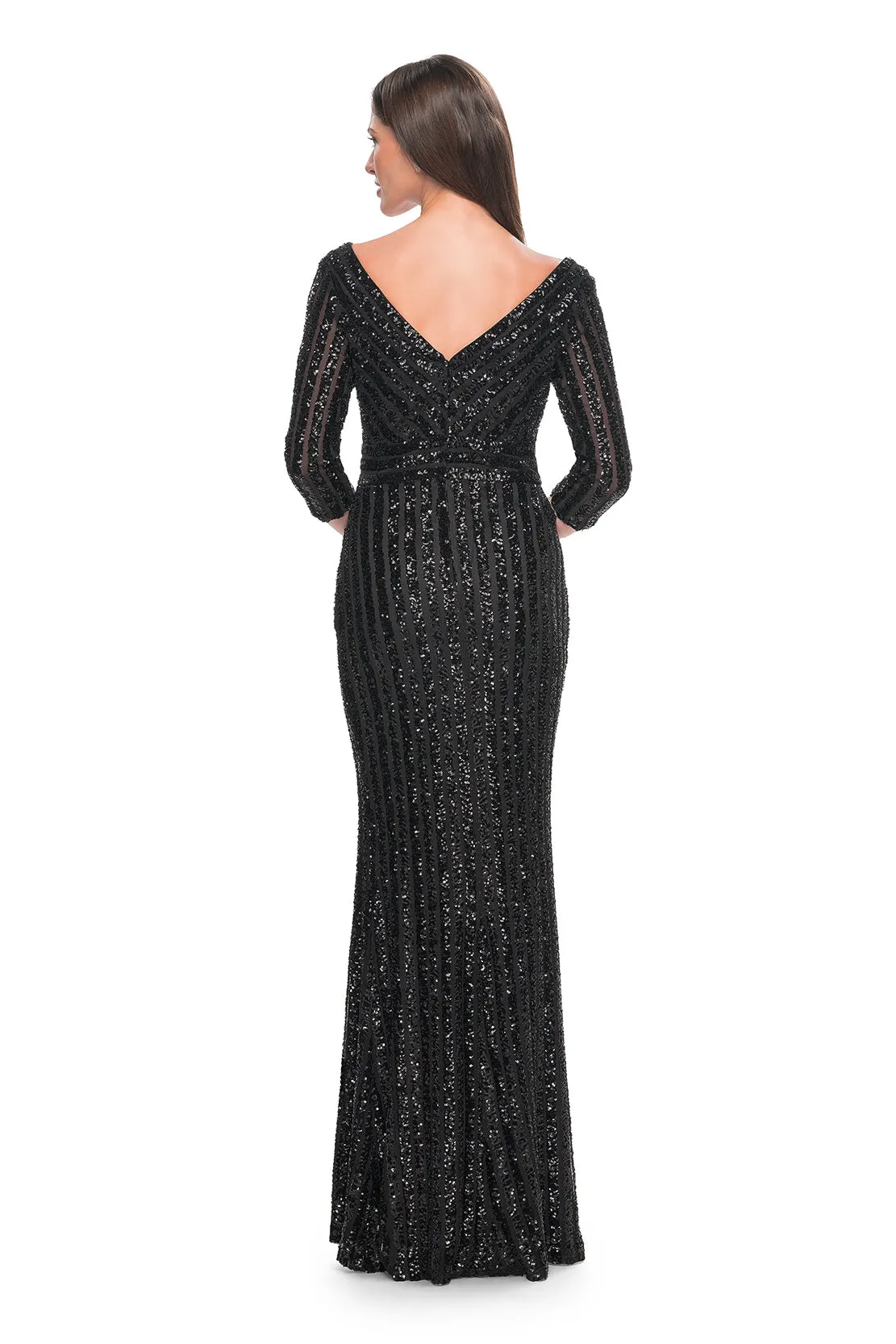 La Femme - 31681 - Elegant Sequin V-Neck Dress with Sleeves