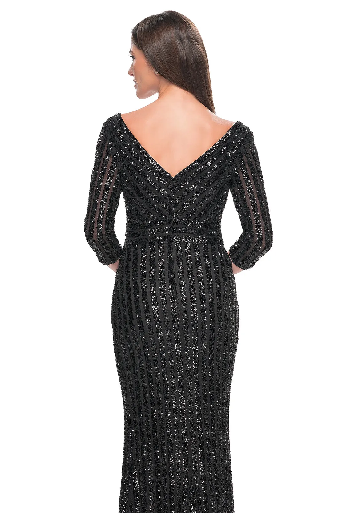 La Femme - 31681 - Elegant Sequin V-Neck Dress with Sleeves