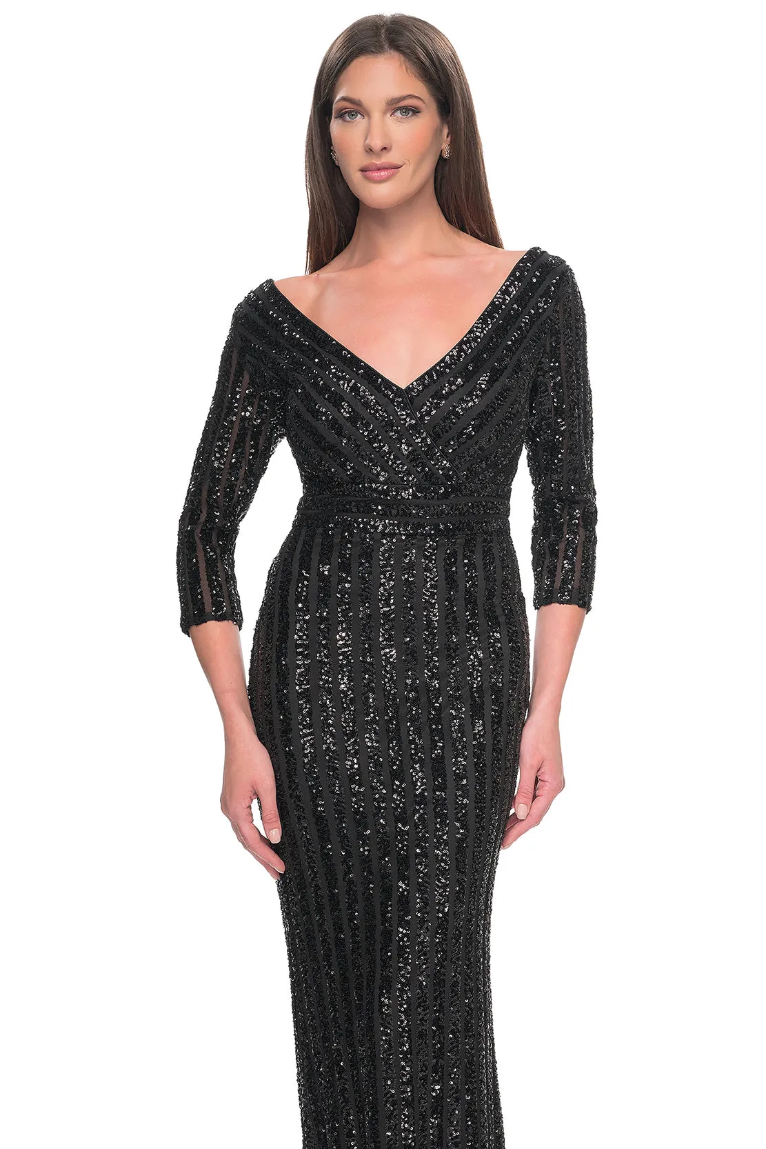 La Femme - 31681 - Elegant Sequin V-Neck Dress with Sleeves