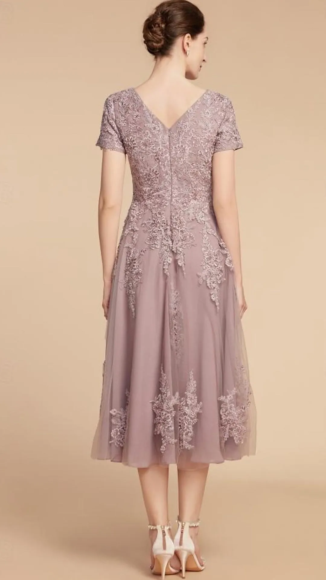 M1056 - A-Line Mother of the Bride DressTulle Short Sleeve with Ruching Flower