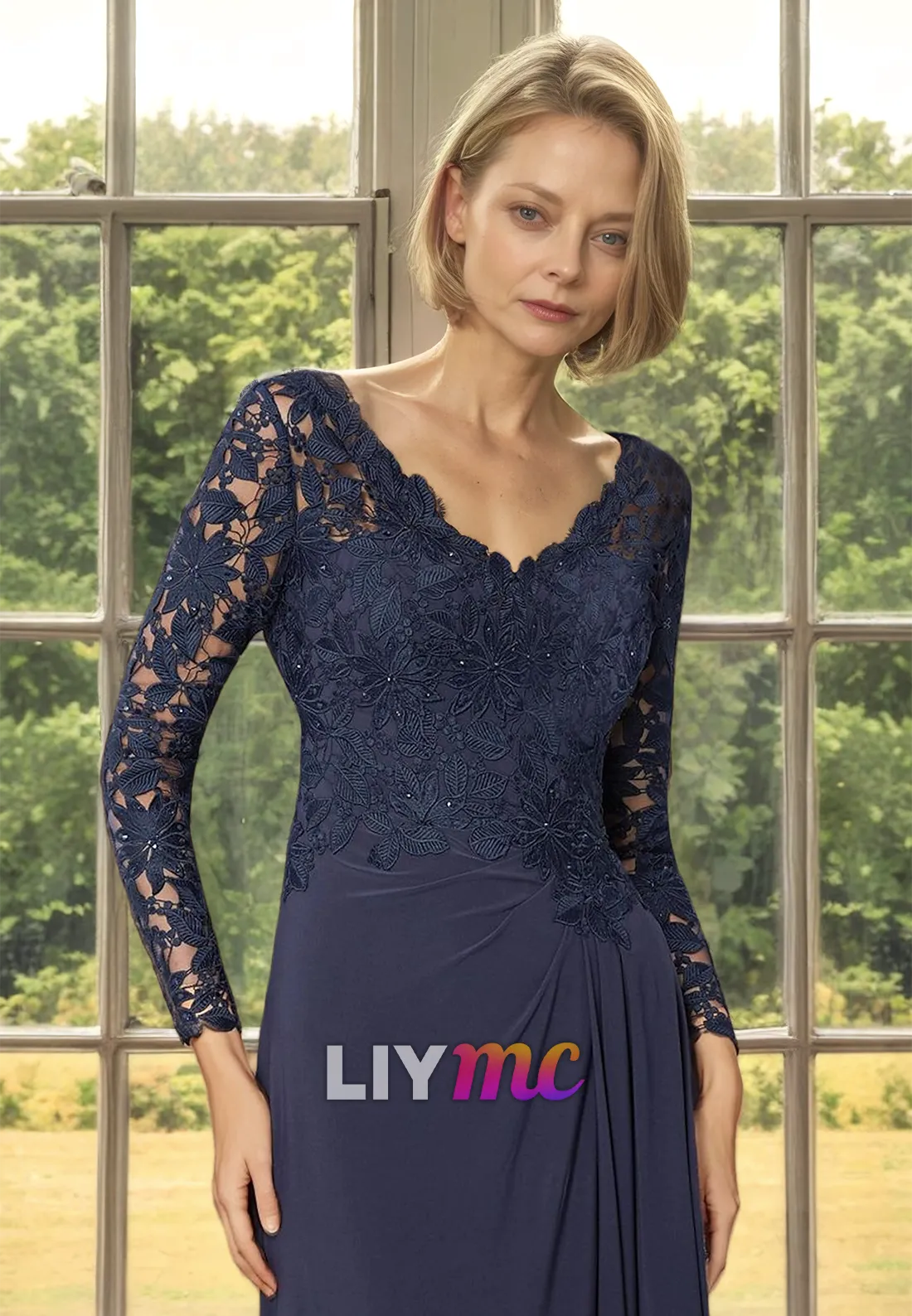 M1080 - Trumpet Mother of the Bride Dress V Neck Asymmetrical Floor Length Chiffon Long Sleeve Half Sleeve