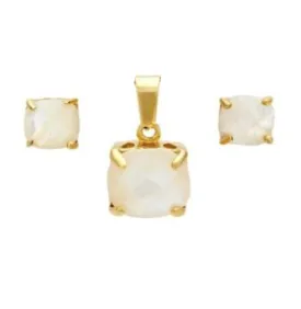Modern Elegant Square Cut MOP Pendant Earring Steel Set