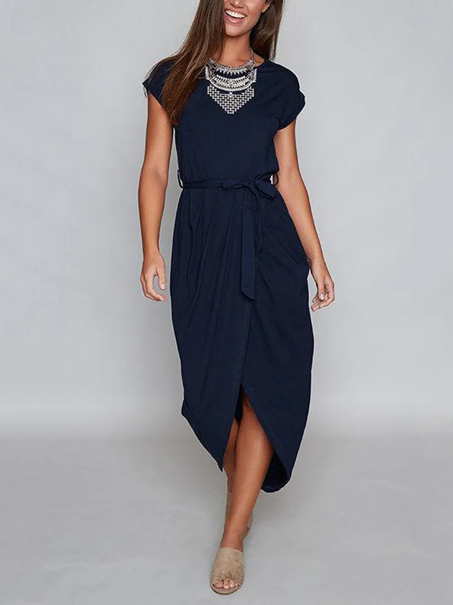 Navy Self-tie Design Irregular Hem Dress