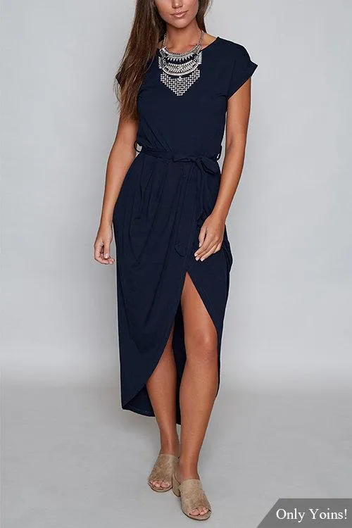 Navy Self-tie Design Irregular Hem Dress