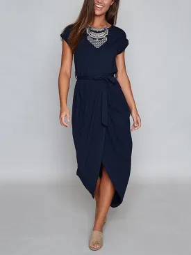 Navy Self-tie Design Irregular Hem Dress
