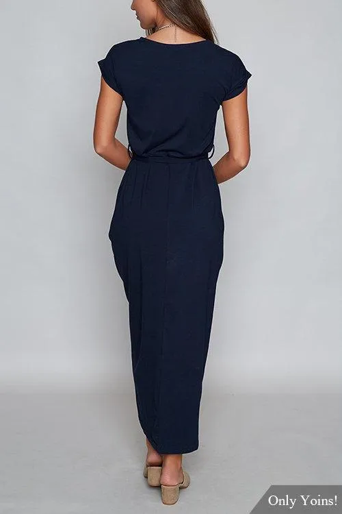 Navy Self-tie Design Irregular Hem Dress