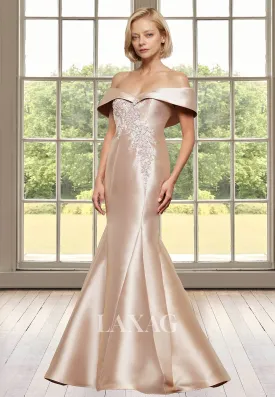 Off-Shoulder V-Neck Sleeveless Mearmaid Mother of the Bride Dress Lace Applique Satin Cocktail Gowns