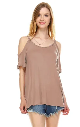 Off the Shoulder Tops with Back Tie and Neck Trimming Taupe