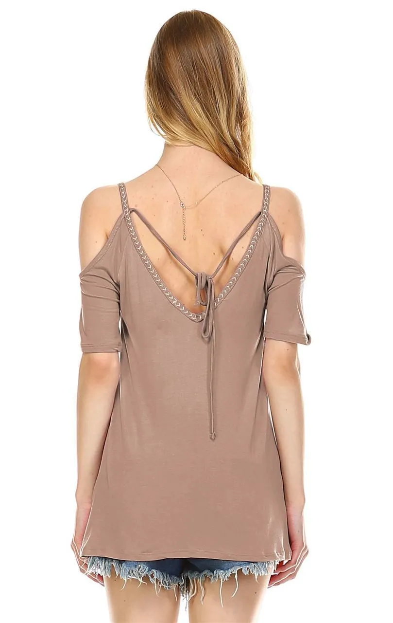 Off the Shoulder Tops with Back Tie and Neck Trimming Taupe