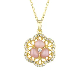 Pink Mother-of-pearl Hollow Flower with Zircon Pendant Silver Necklace for Women