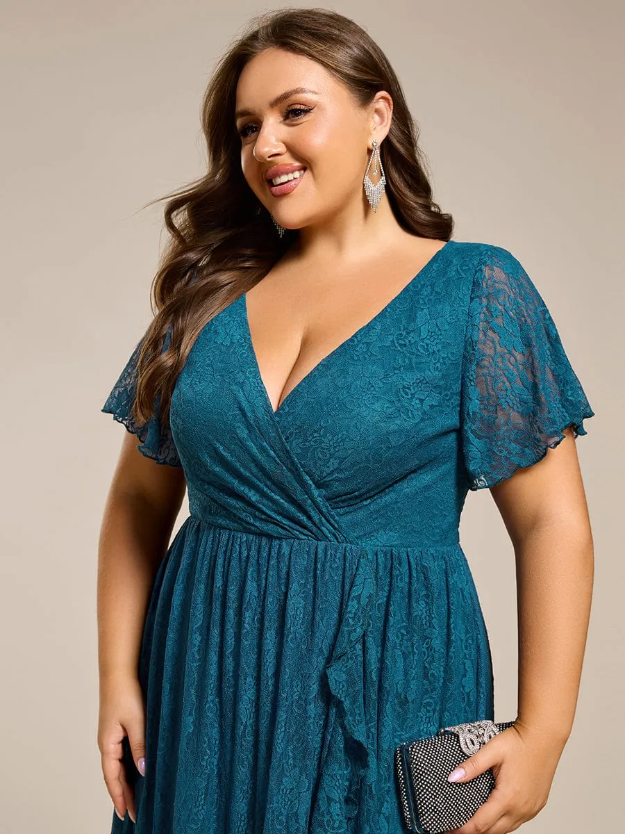 Pleated V-Neck Short Sleeve Ruffled Lace Wedding Guest Dress