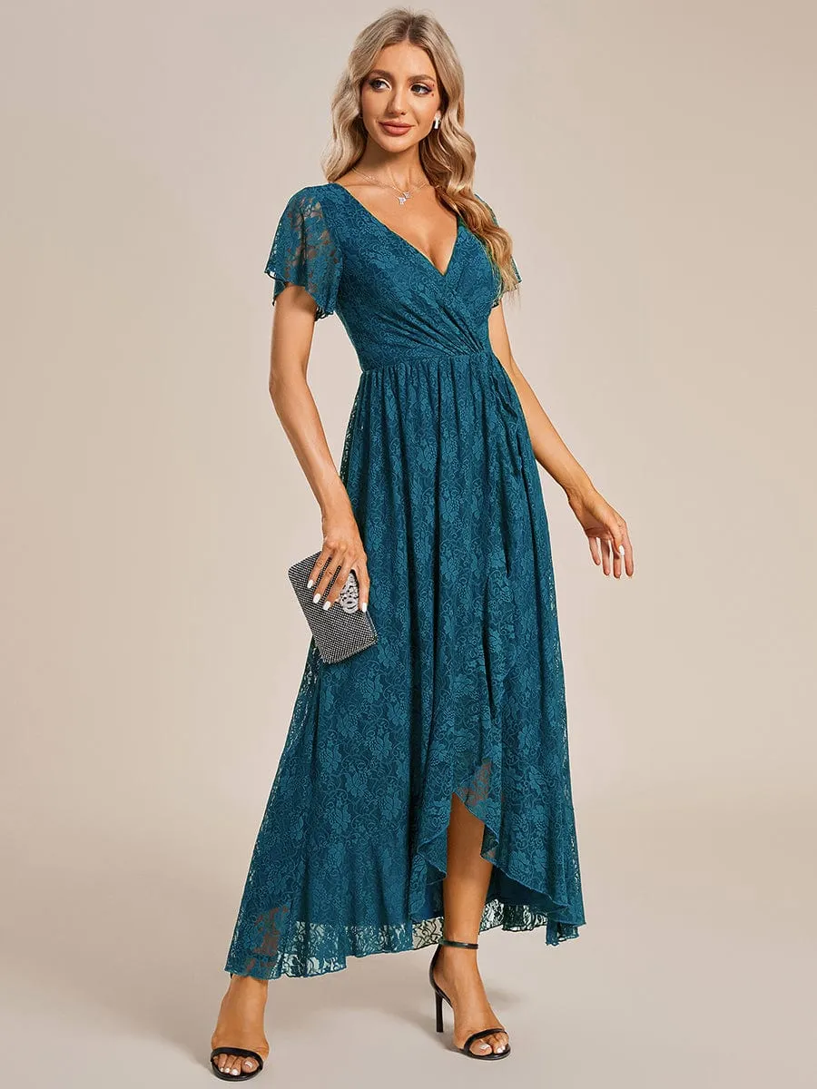 Pleated V-Neck Short Sleeve Ruffled Lace Wedding Guest Dress