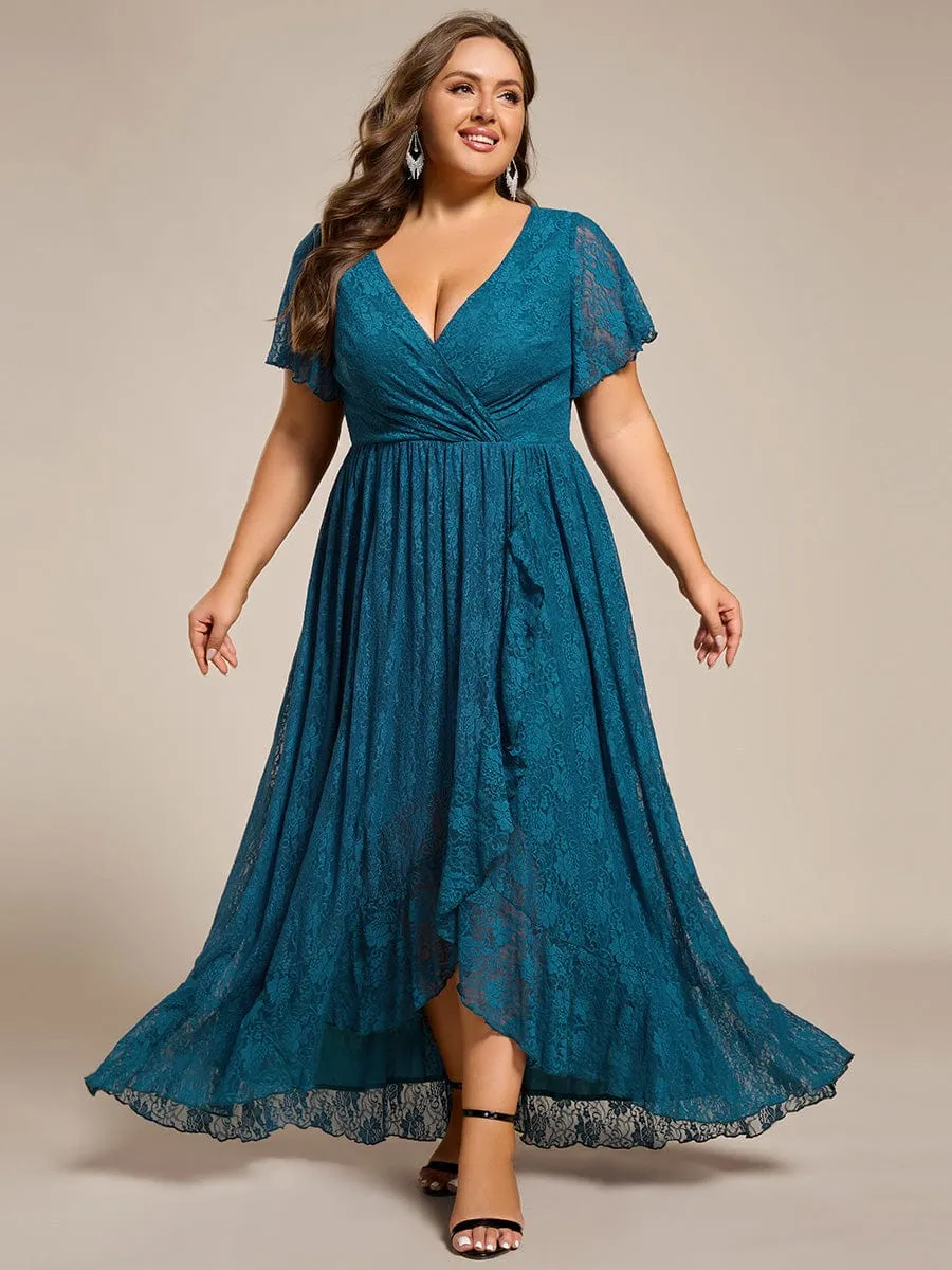 Pleated V-Neck Short Sleeve Ruffled Lace Wedding Guest Dress