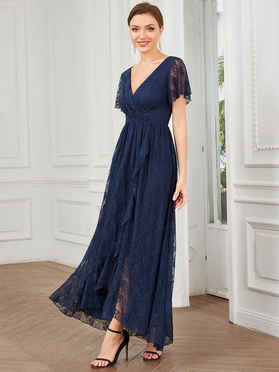 Pleated V-Neck Short Sleeve Ruffled Lace Wedding Guest Dress