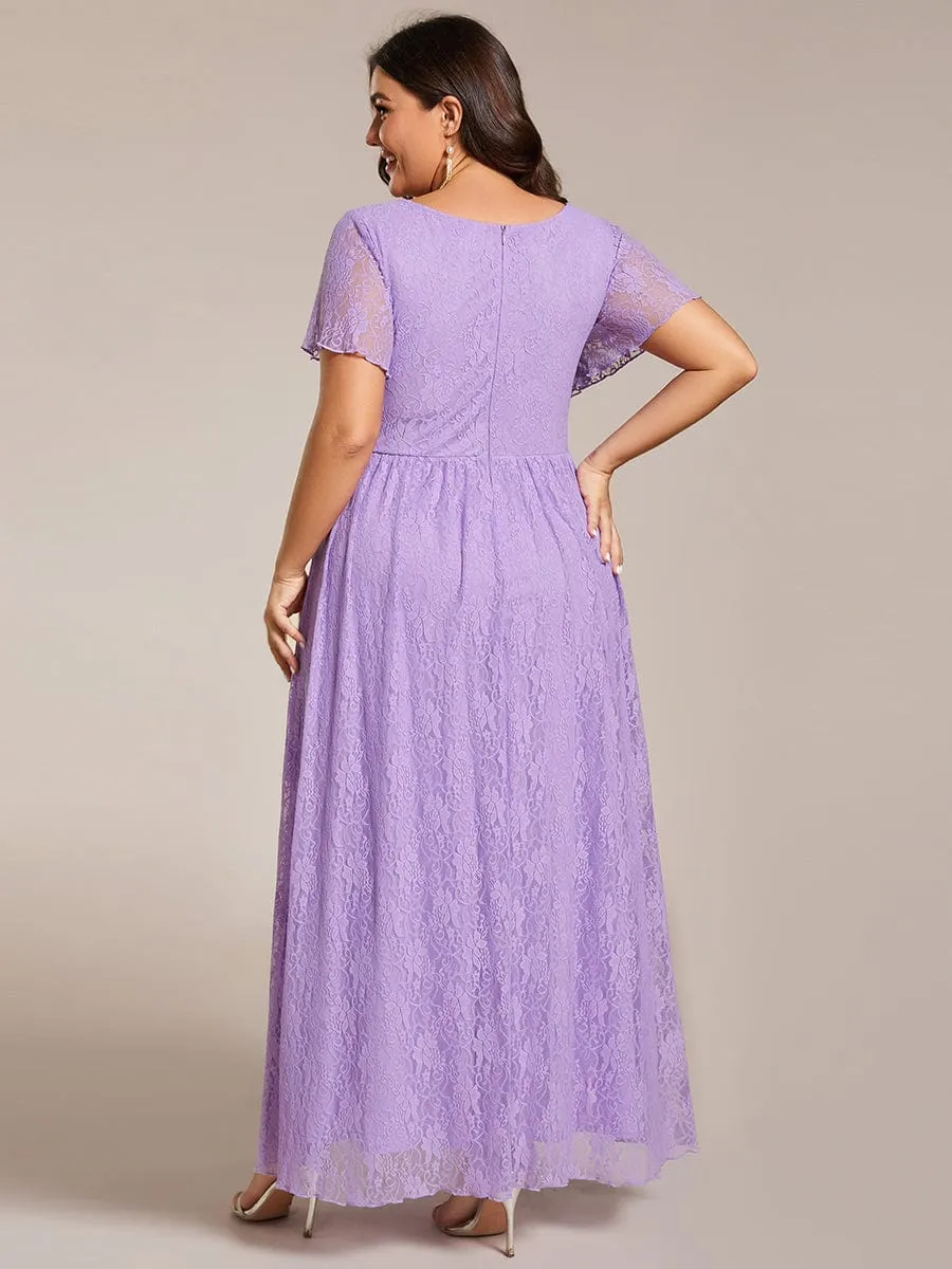 Pleated V-Neck Short Sleeve Ruffled Lace Wedding Guest Dress