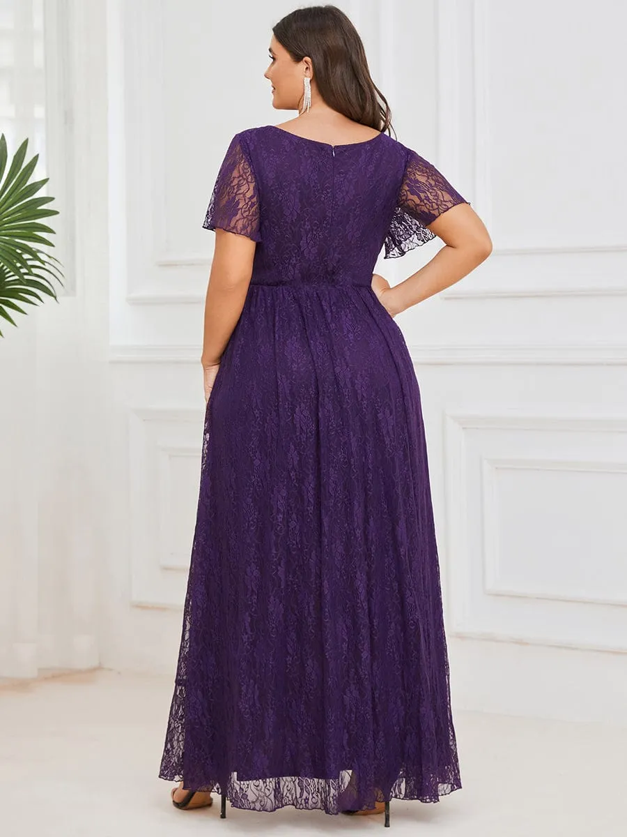 Pleated V-Neck Short Sleeve Ruffled Lace Wedding Guest Dress