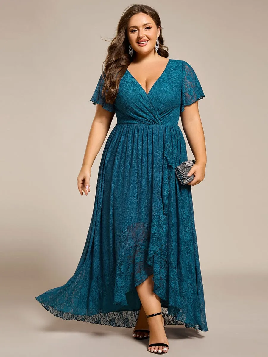 Plus Size Short Sleeve Ruffled V-Neck A-Line Lace Formal Evening Dress