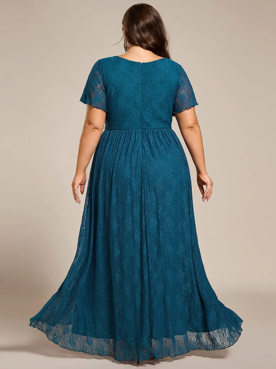 Plus Size Short Sleeve Ruffled V-Neck A-Line Lace Formal Evening Dress