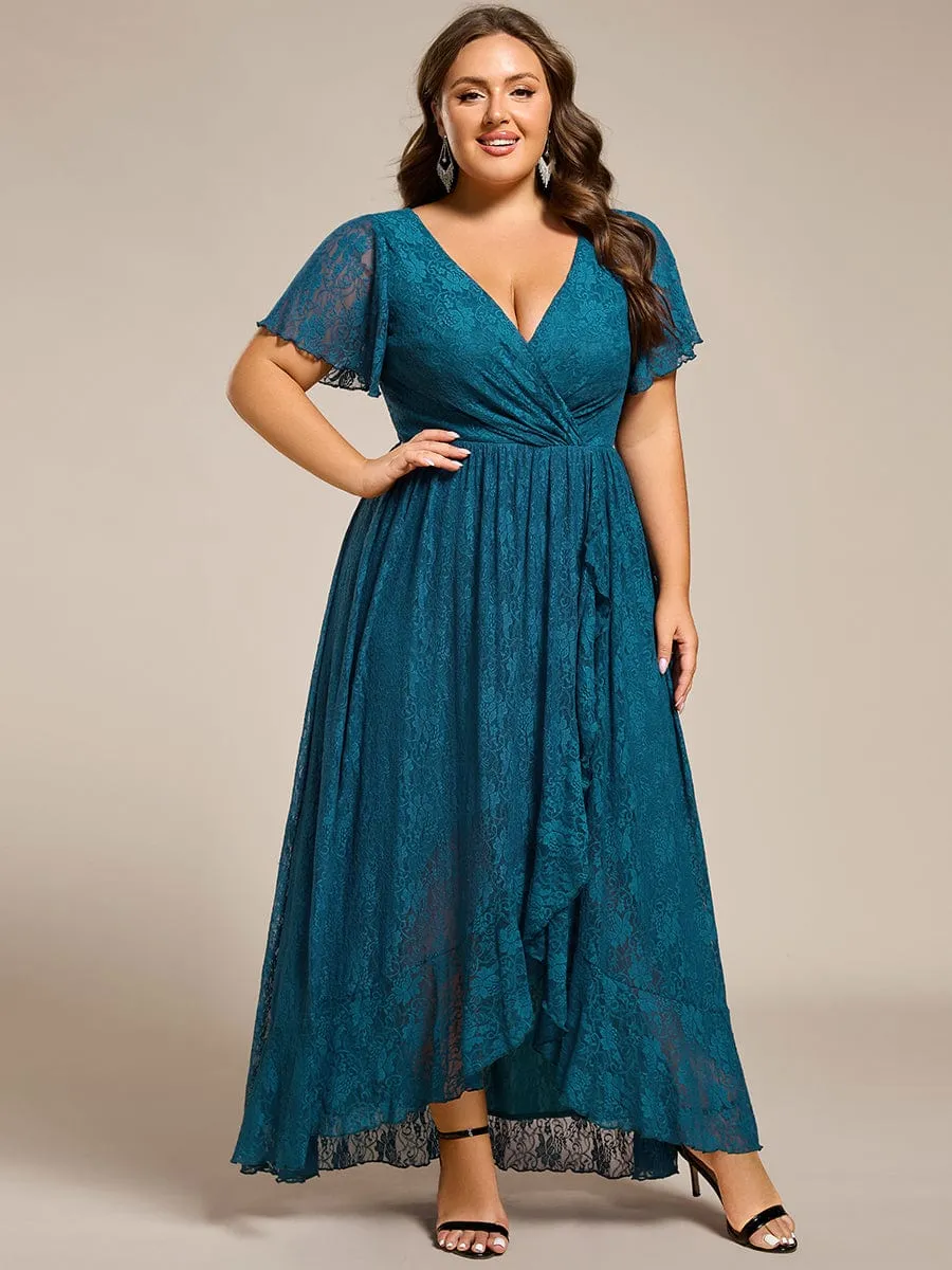 Plus Size Short Sleeve Ruffled V-Neck A-Line Lace Formal Evening Dress
