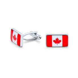 Red Maple Leaf Flag Shirt Cufflink for Men Patriotic Canadian Design Silver Tone