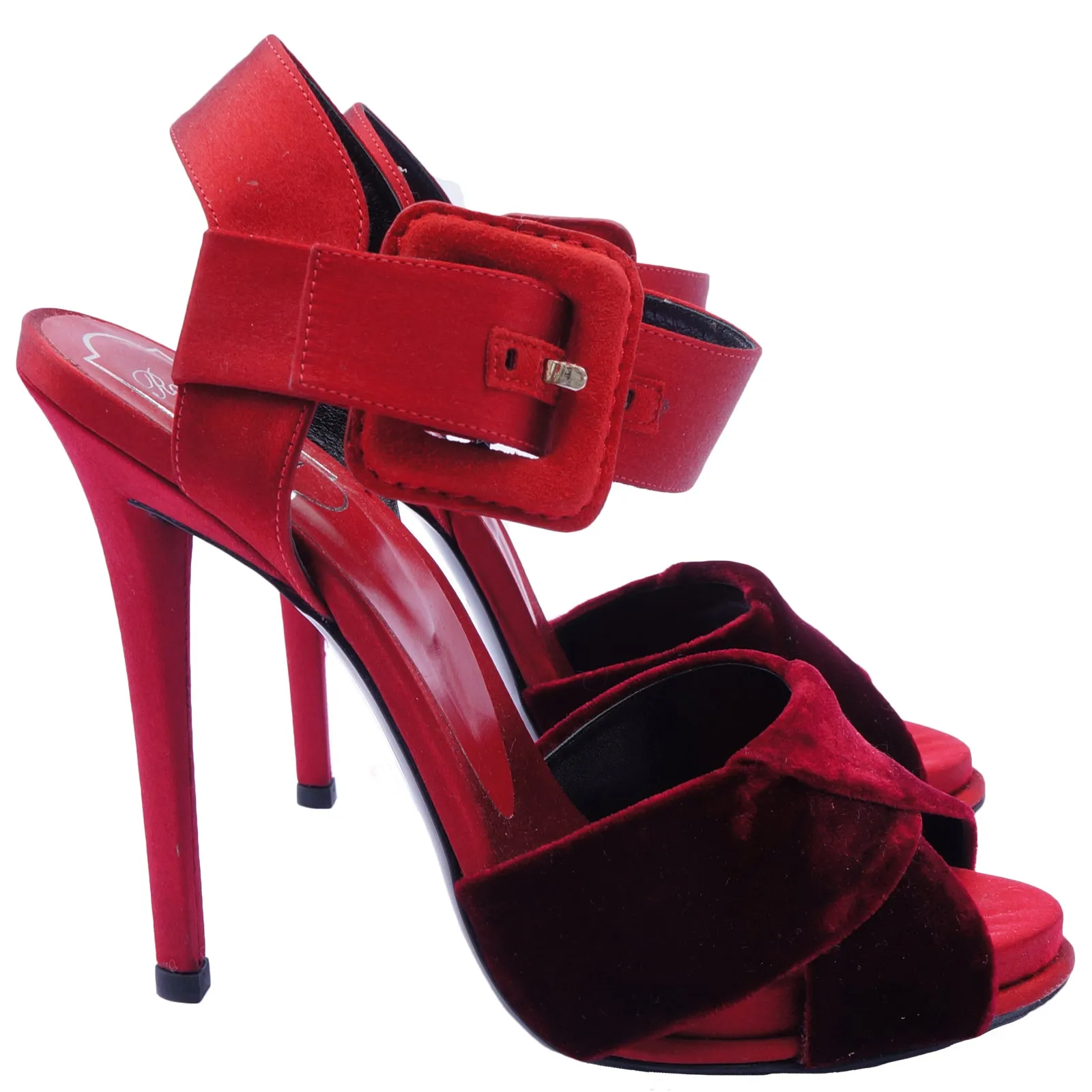 ROGER VIVIER WINE SATIN & VELVET PLATFORM SANDALS