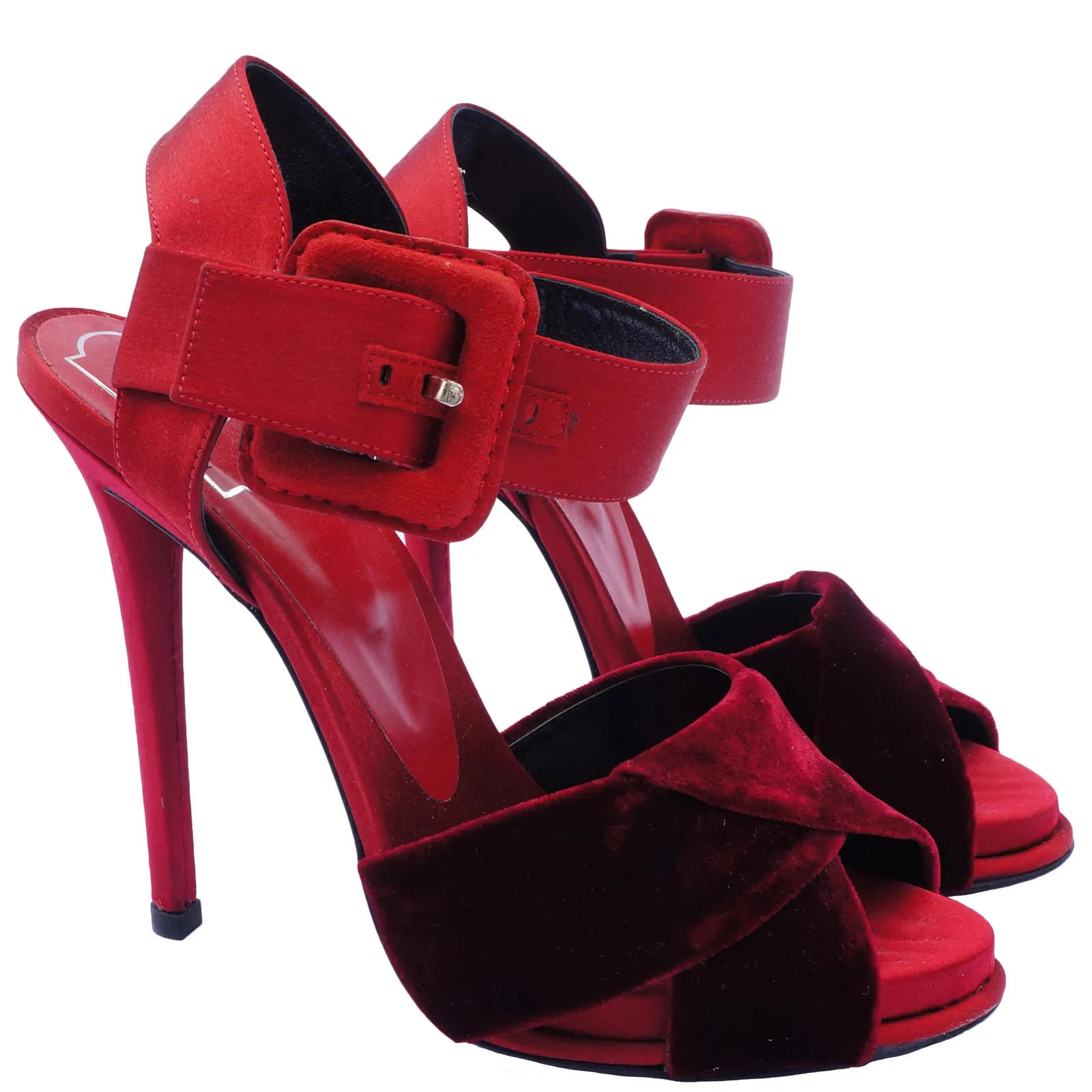 ROGER VIVIER WINE SATIN & VELVET PLATFORM SANDALS