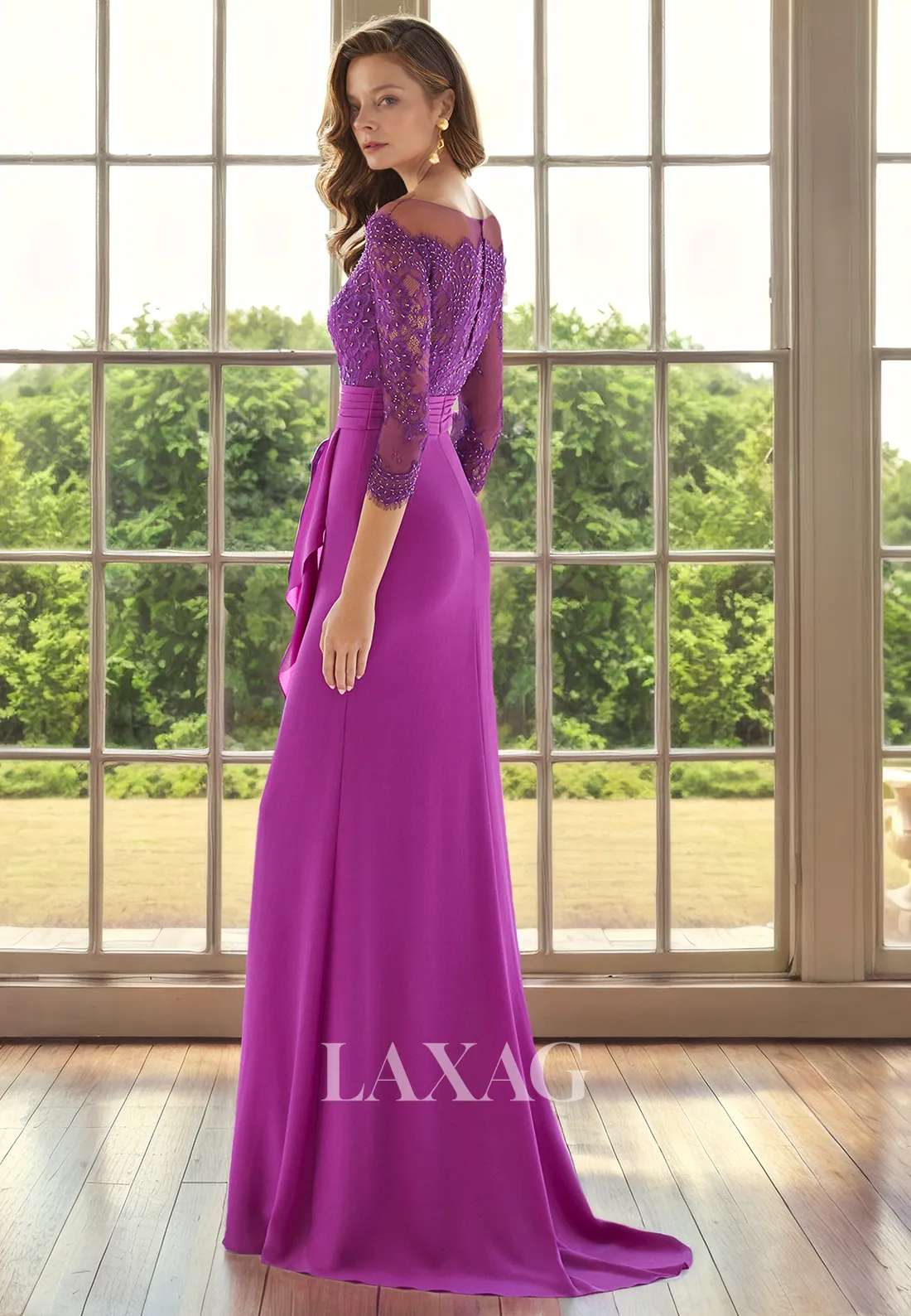 Round Quarter Sleeves Tulle Appliques Beaded Sleek Satin Mother of the Bride Dress