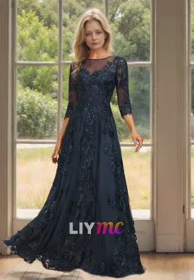 Scoop Long Sleeves Appliques Pleated A-Line Mother of Bride Dress