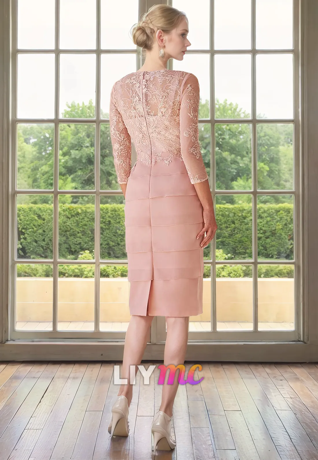 Scoop Long Sleeves Appliques Sheath Mother of Bride Dress Cocktail Dress