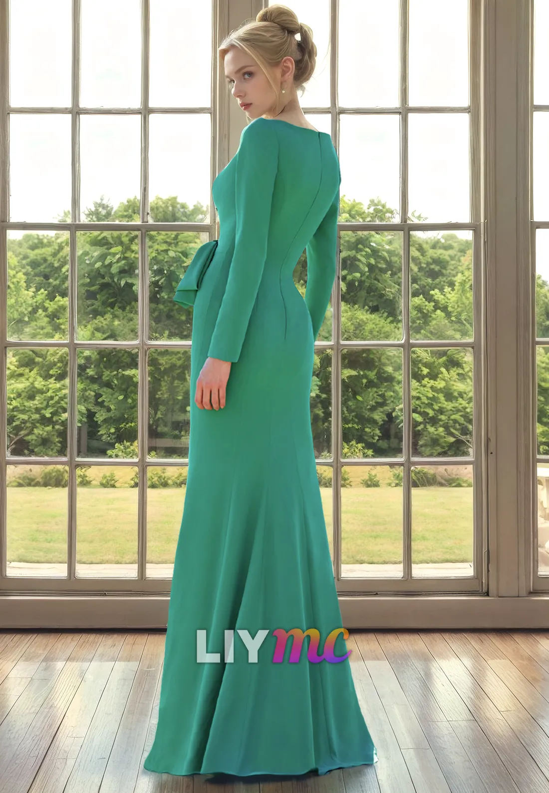 Scoop Long Sleeves Ruffled Mermaid Long Mother of Bride Dress Cocktail Dress