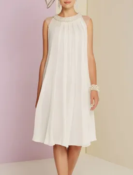 Sheath / Column Mother of the Bride Dress Wedding Guest Elegant Jewel Neck Knee Length Chiffon Sleeveless with Pleats Beading