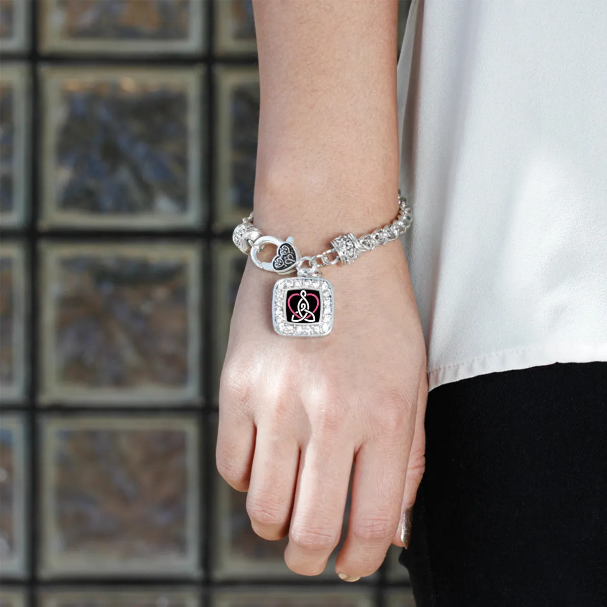Silver Mother and Daughter Celtic Knot Square Charm Braided Bracelet