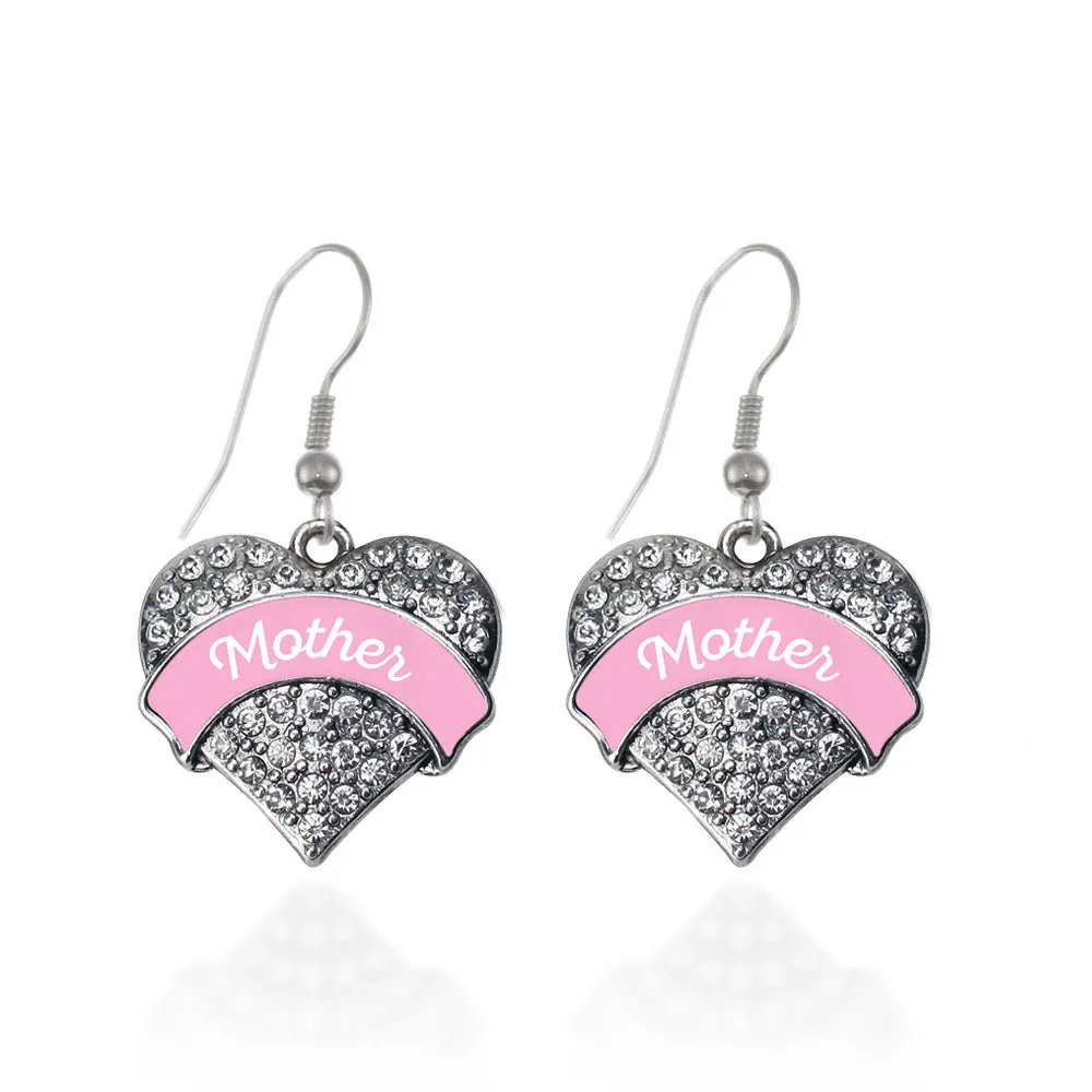 Silver Pink Mother Pave Heart Charm Dangle Earrings