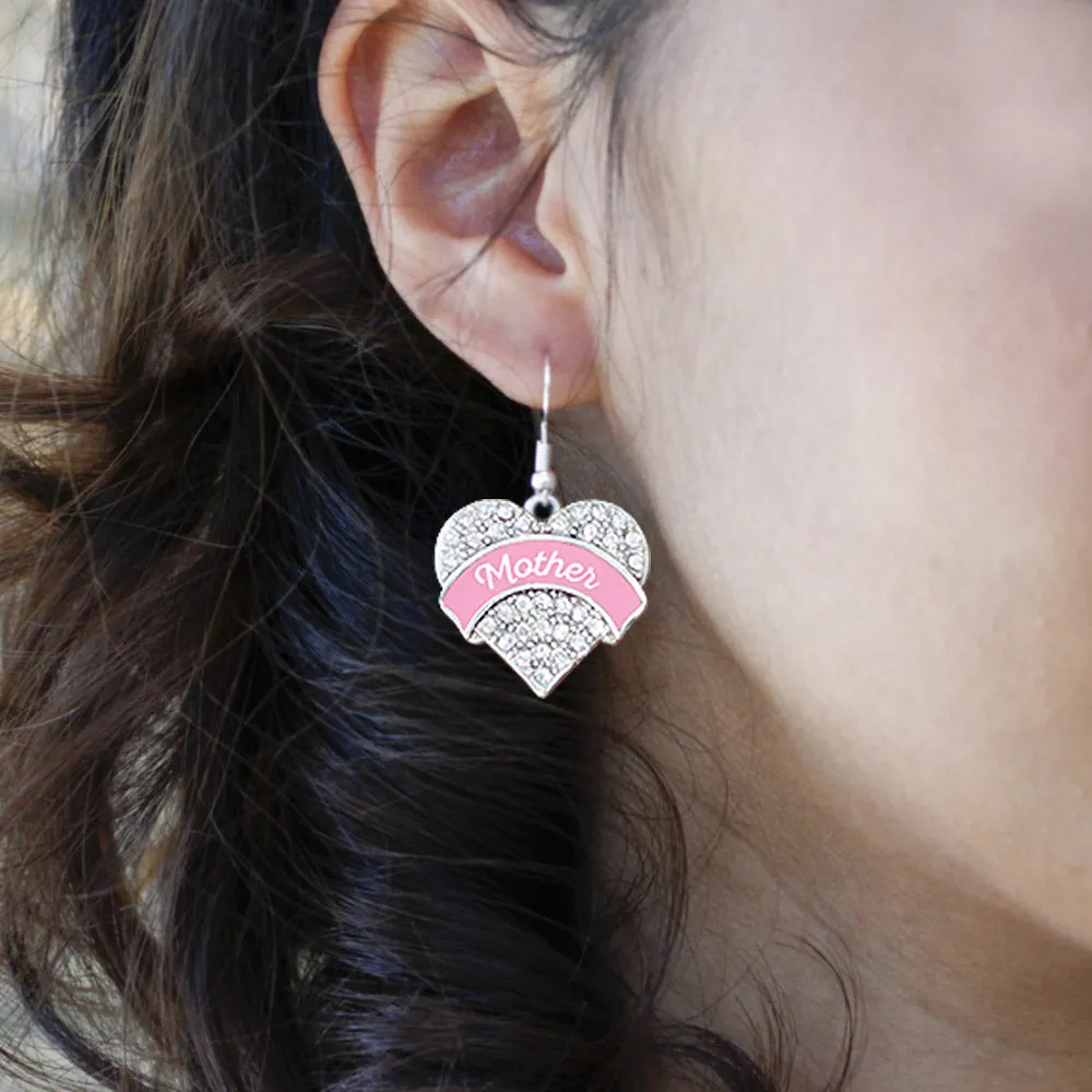 Silver Pink Mother Pave Heart Charm Dangle Earrings