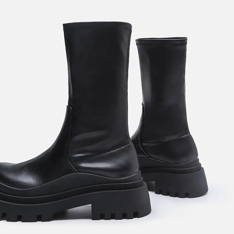 Stretch Leather Mid-Calf Slip On Chunky Platform Boots