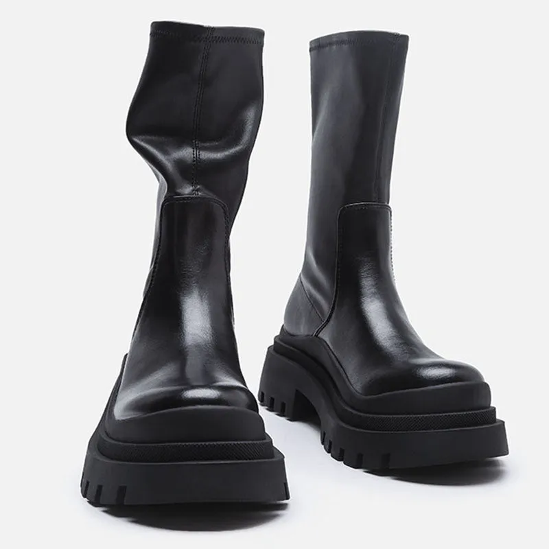 Stretch Leather Mid-Calf Slip On Chunky Platform Boots