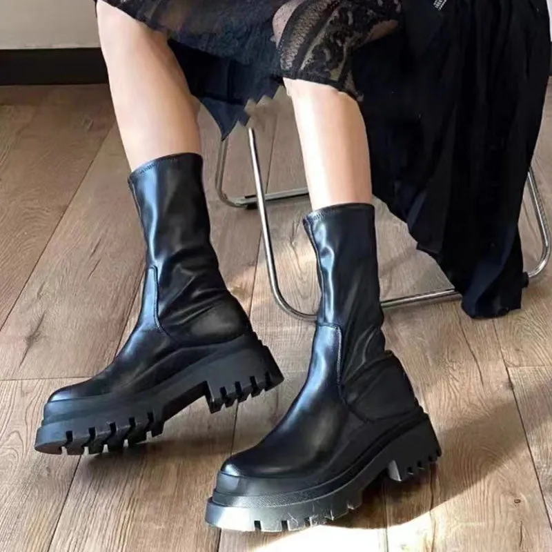 Stretch Leather Mid-Calf Slip On Chunky Platform Boots