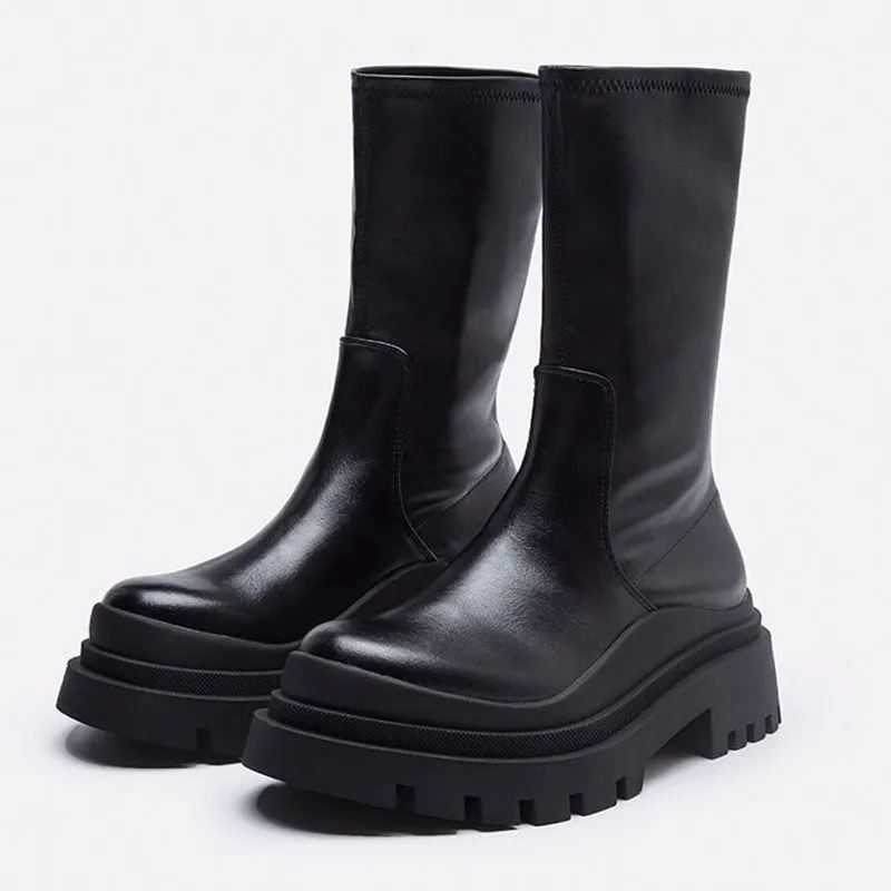 Stretch Leather Mid-Calf Slip On Chunky Platform Boots