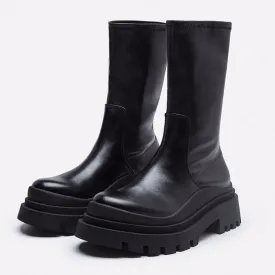 Stretch Leather Mid-Calf Slip On Chunky Platform Boots
