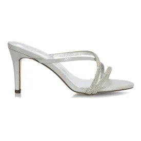 Teddie Diamante Cross Over Strappy Sandal Stiletto High Mule Heels in Silver