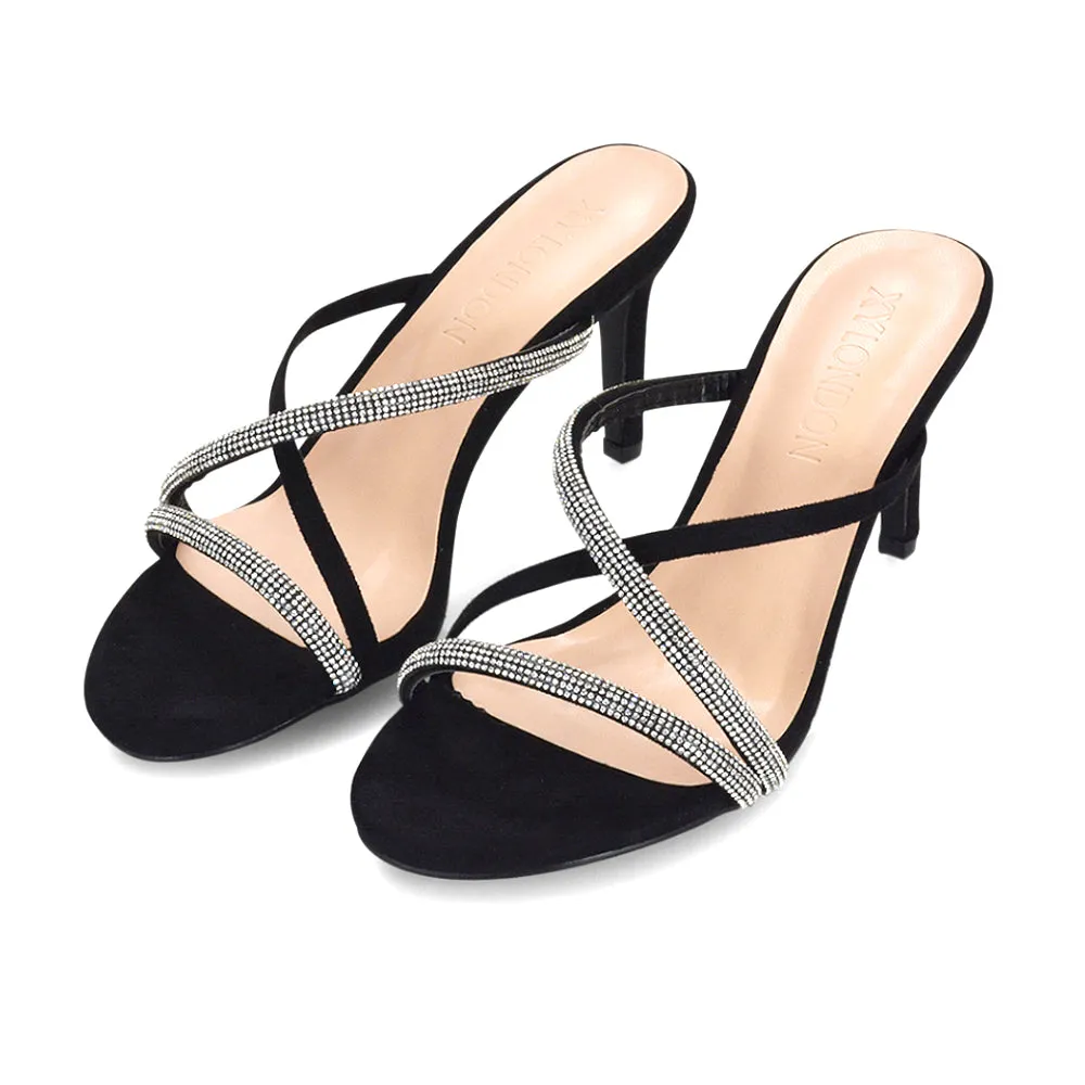 Teddie Diamante Cross Over Strappy Sandal Stiletto High Mule Heels in Silver