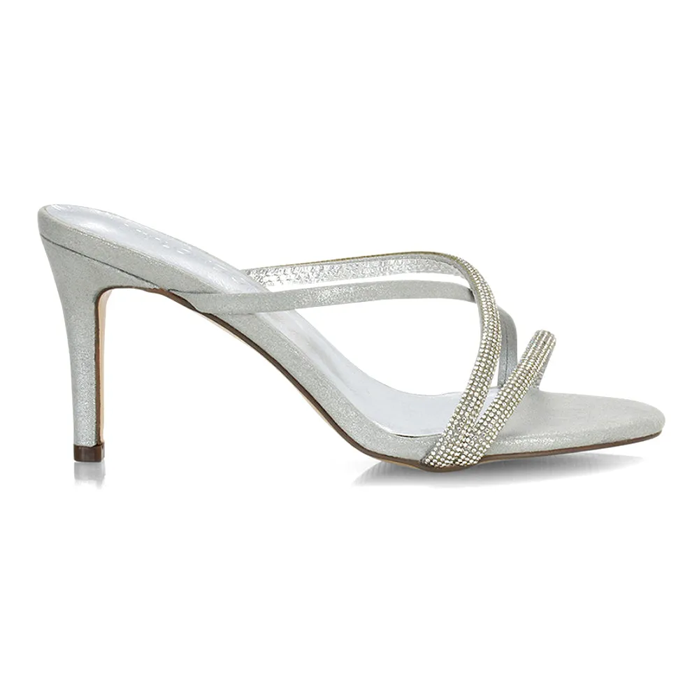 Teddie Diamante Cross Over Strappy Sandal Stiletto High Mule Heels in Silver