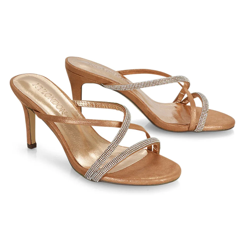 Teddie Diamante Cross Over Strappy Sandal Stiletto High Mule Heels in Silver