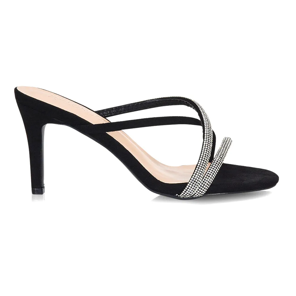 Teddie Diamante Cross Over Strappy Sandal Stiletto High Mule Heels in Silver