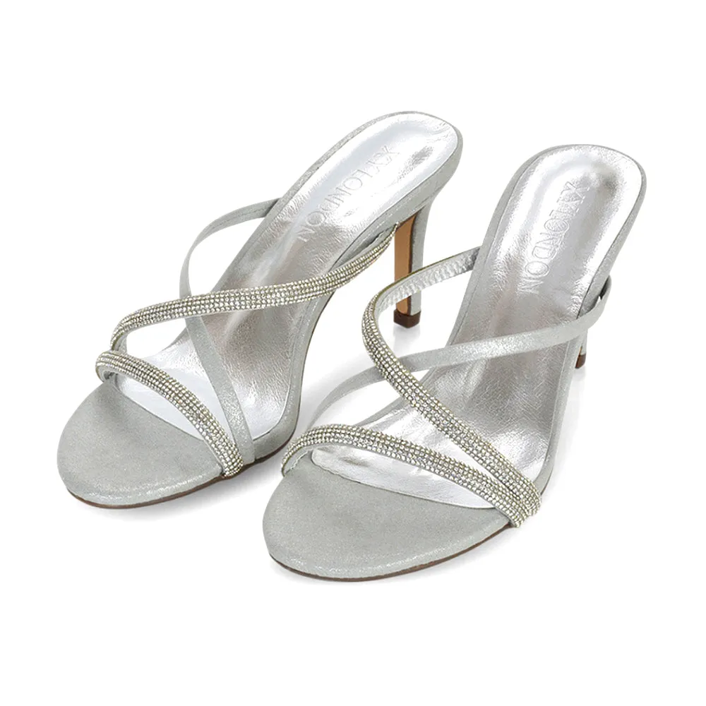 Teddie Diamante Cross Over Strappy Sandal Stiletto High Mule Heels in Silver