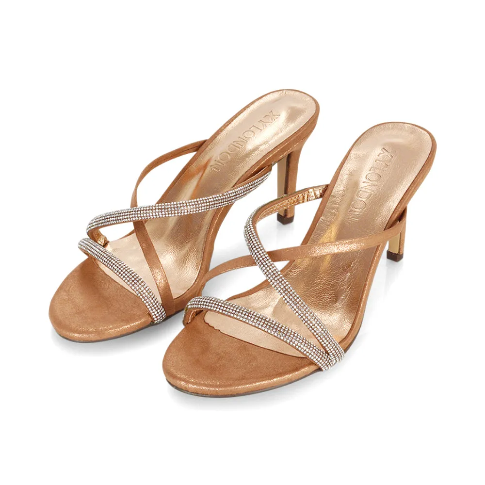 Teddie Diamante Cross Over Strappy Sandal Stiletto High Mule Heels in Silver
