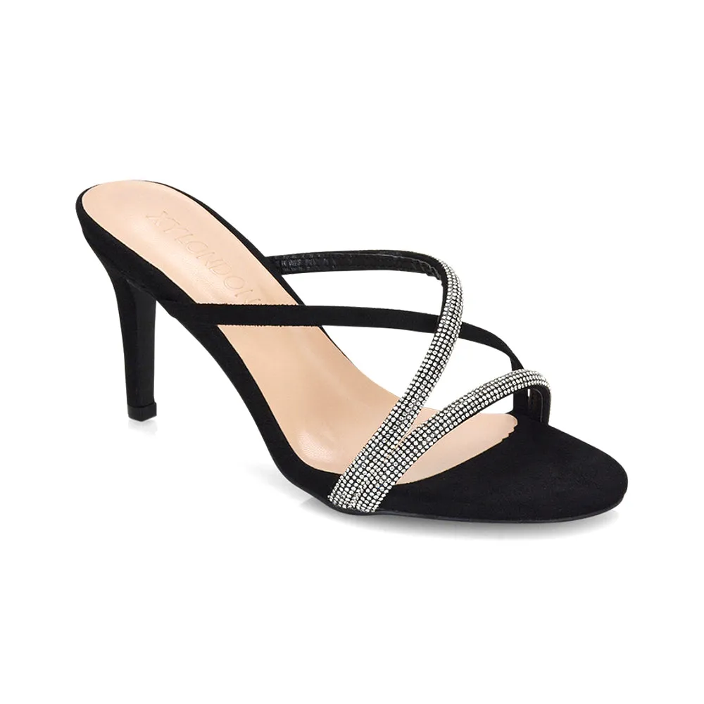 Teddie Diamante Cross Over Strappy Sandal Stiletto High Mule Heels in Silver