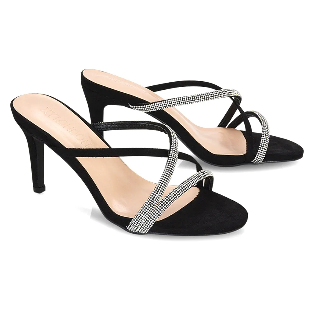 Teddie Diamante Cross Over Strappy Sandal Stiletto High Mule Heels in Silver